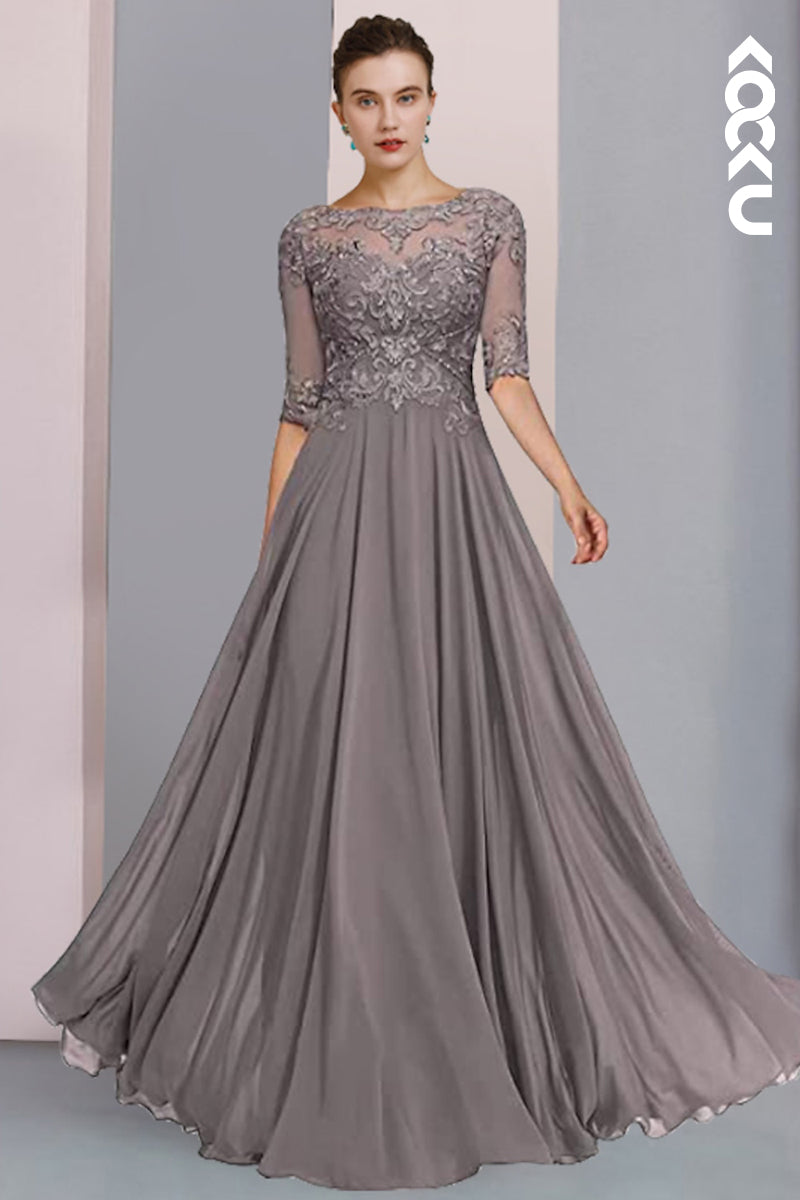 M6203 - Elegant & Luxurious Hlaf Sleeves Applique A-Line Chiffon Mother of the Bride Dress