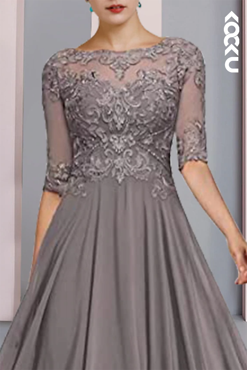 M6203 - Elegant & Luxurious Hlaf Sleeves Applique A-Line Chiffon Mother of the Bride Dress