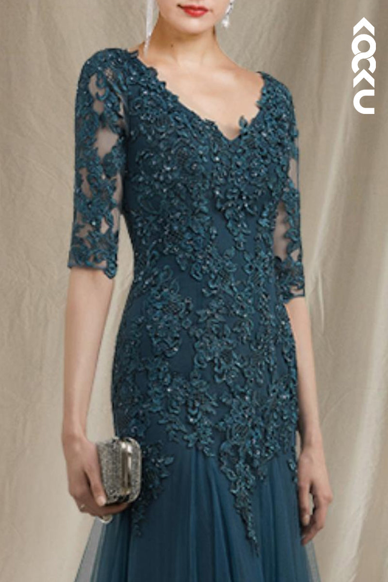 M6274 - Couture & Ornate Short Sleeves V-Neck Mermaid Printed Embroidery Chiffon Mother of the Bride Dress