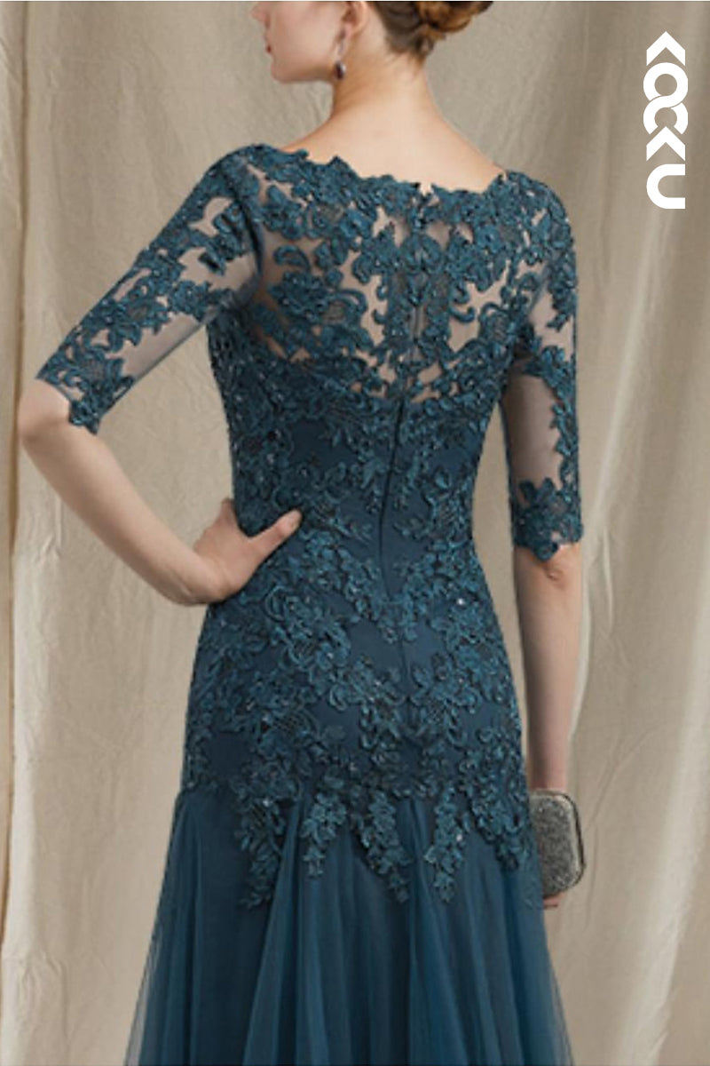 M6274 - Couture & Ornate Short Sleeves V-Neck Mermaid Printed Embroidery Chiffon Mother of the Bride Dress