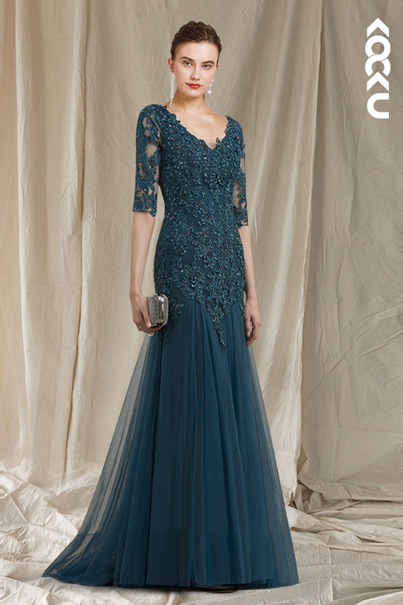 M6274 - Couture & Ornate Short Sleeves V-Neck Mermaid Printed Embroidery Chiffon Mother of the Bride Dress