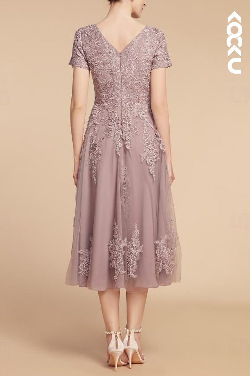 M6212 - Gorgeous & Charming Short Sleeves Lace Applique Chiffon Mother of the Bride Dress