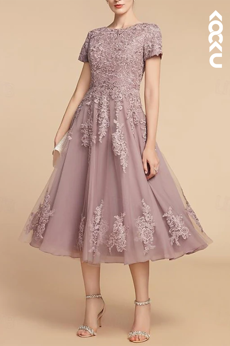 M6212 - Gorgeous & Charming Short Sleeves Lace Applique Chiffon Mother of the Bride Dress