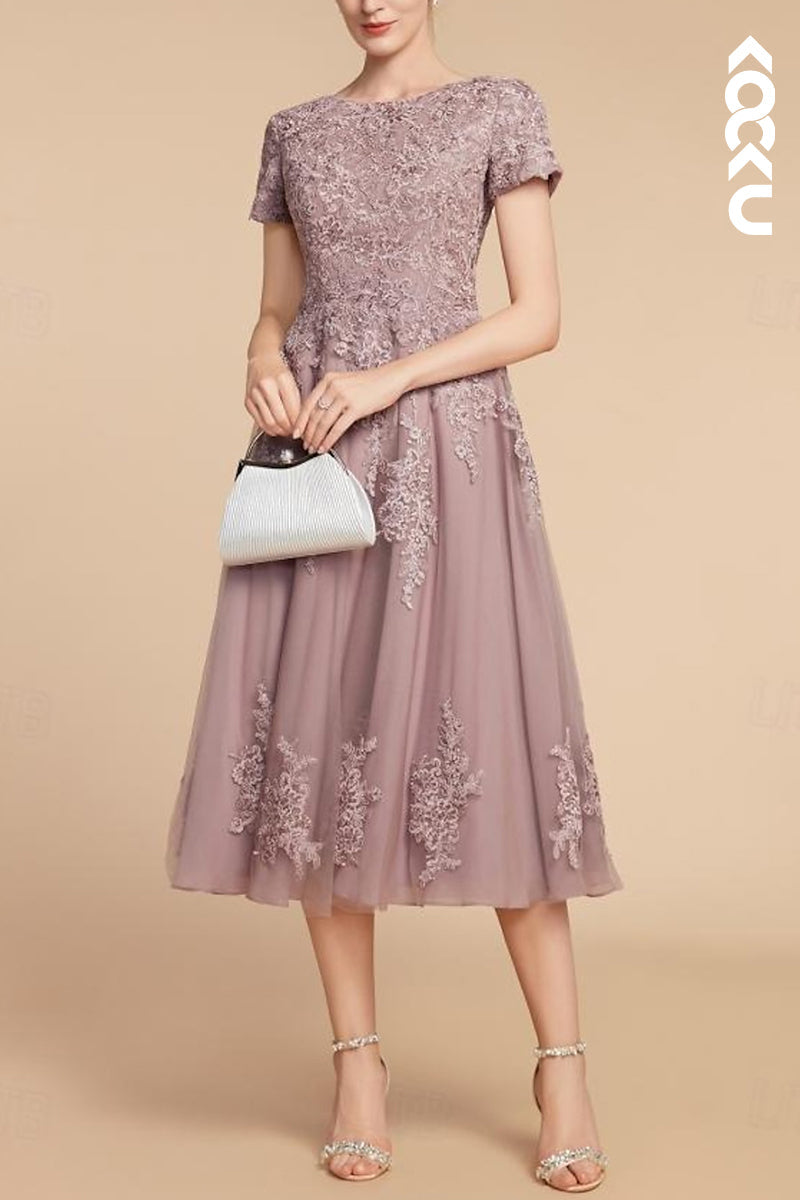 M6212 - Gorgeous & Charming Short Sleeves Lace Applique Chiffon Mother of the Bride Dress