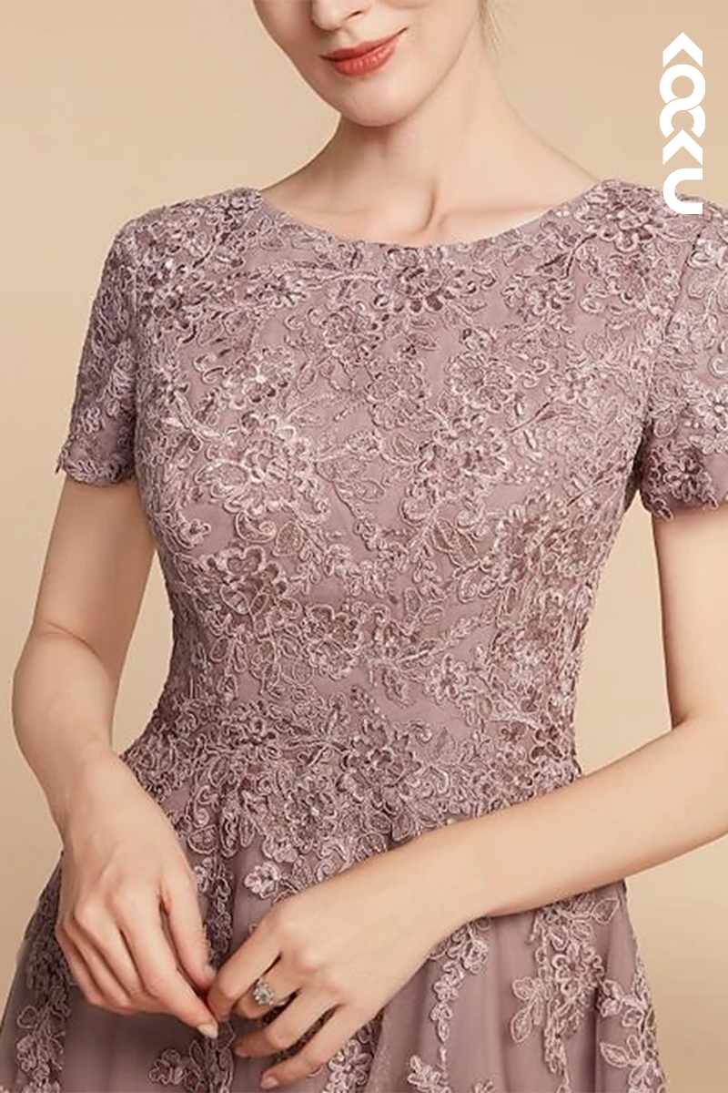 M6212 - Gorgeous & Charming Short Sleeves Lace Applique Chiffon Mother of the Bride Dress