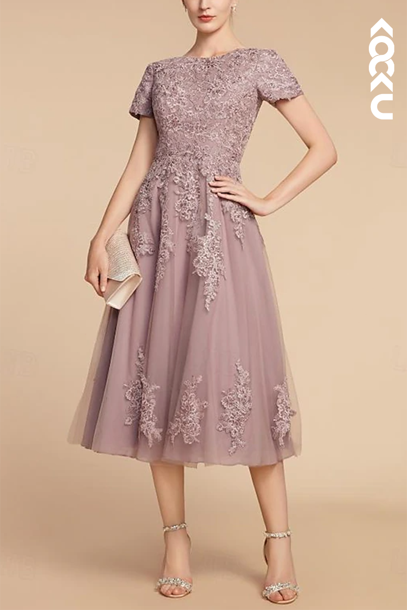 M6212 - Gorgeous & Charming Short Sleeves Lace Applique Chiffon Mother of the Bride Dress