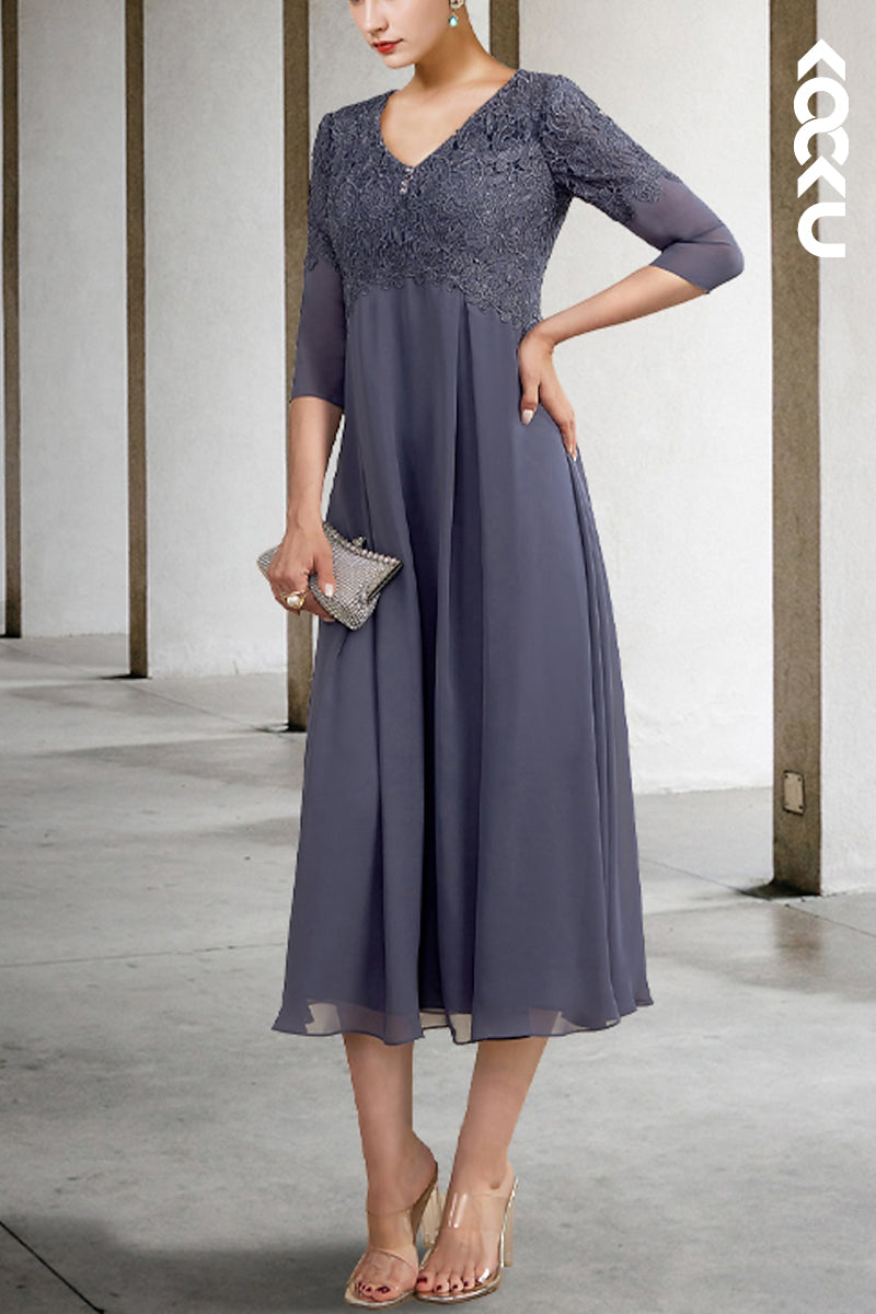 M6210 - A-Line Elegant Chiffon V-Neck Applique Mother of the Bride Dress