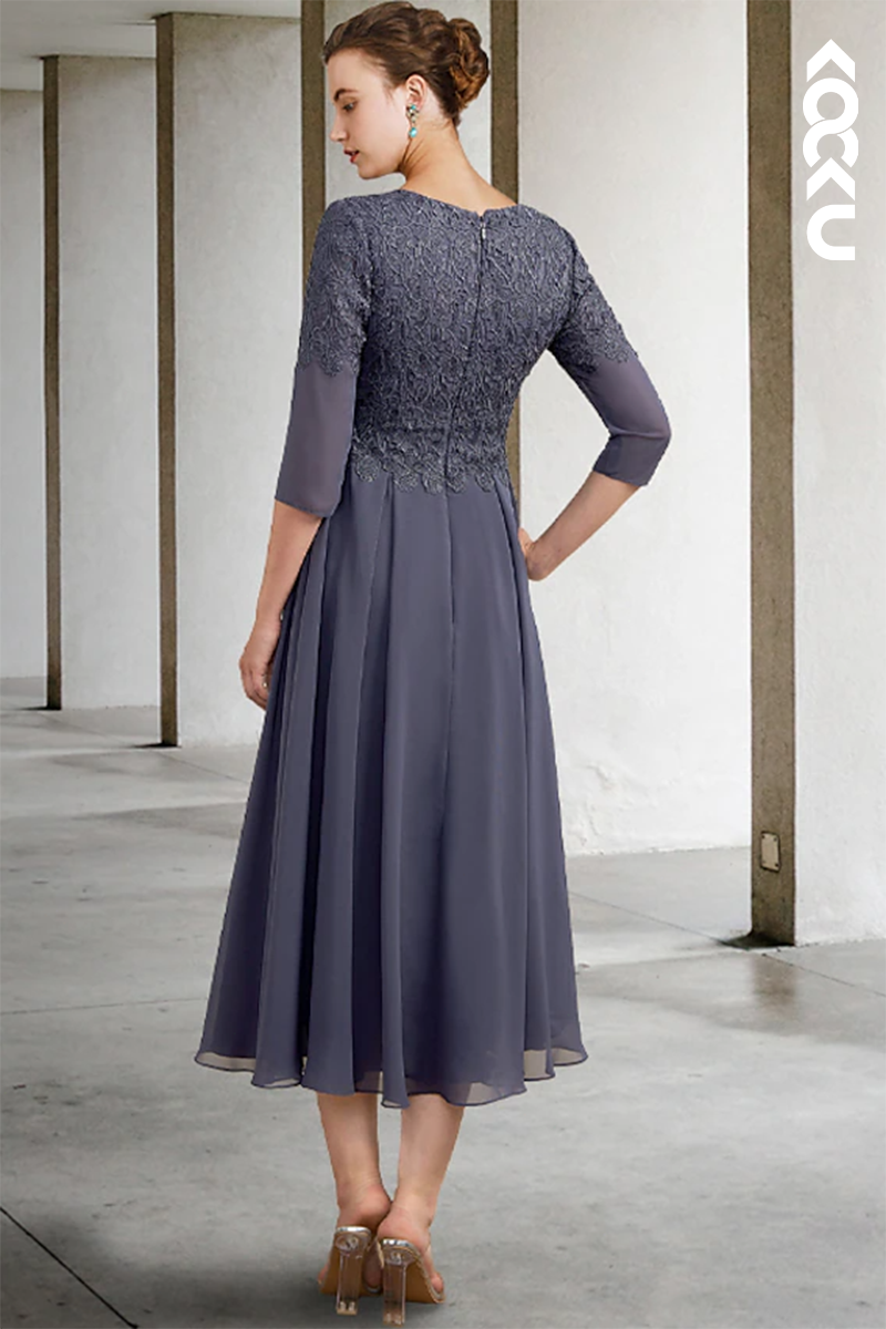 M6210 - A-Line Elegant Chiffon V-Neck Applique Mother of the Bride Dress