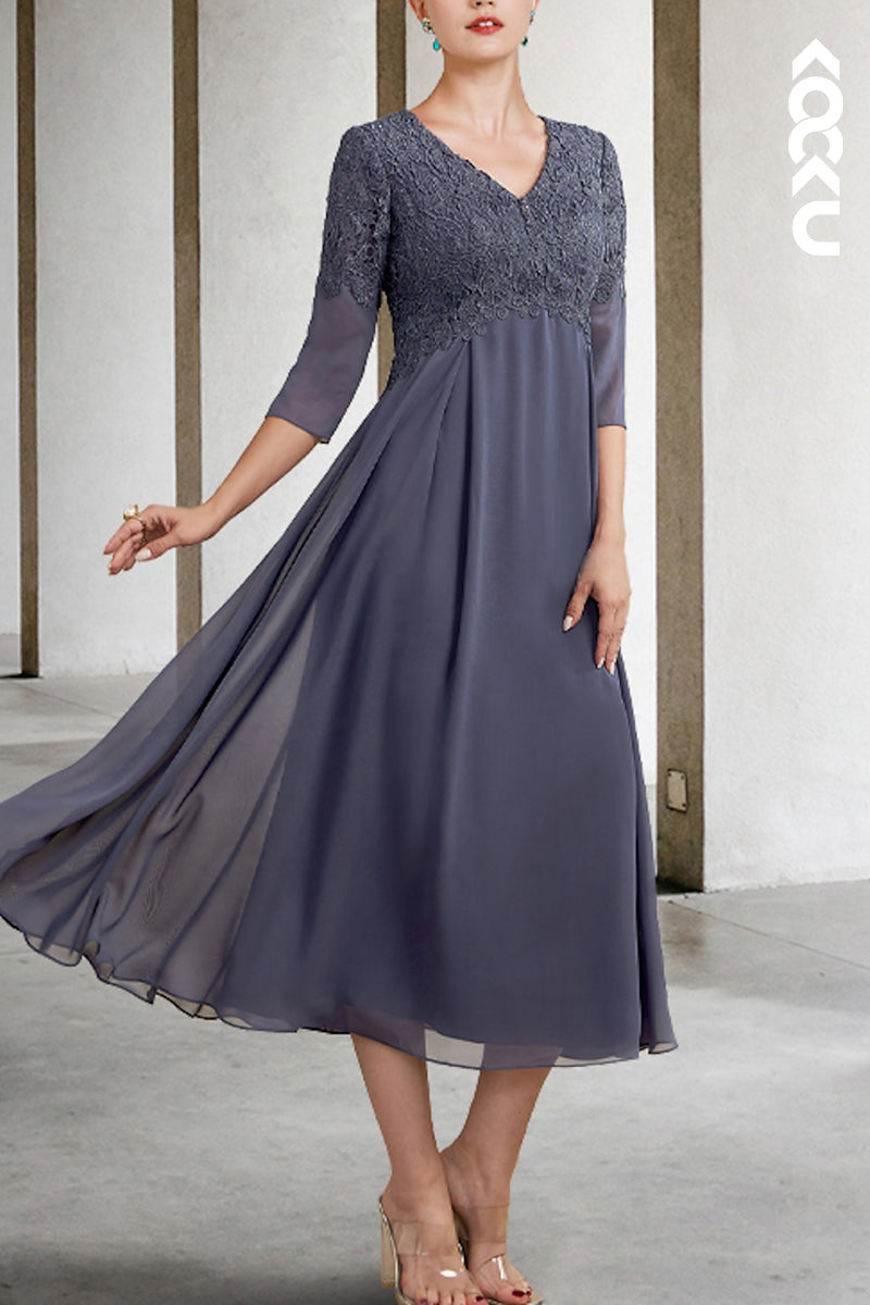 M6210 - A-Line Elegant Chiffon V-Neck Applique Mother of the Bride Dress