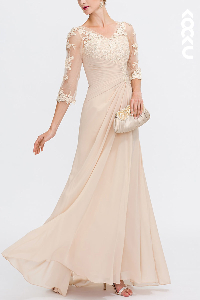 M6211 - Couture & Ornate A-Line Long Sleeves Lace Applique V-Neck Mother of the Bride Dress