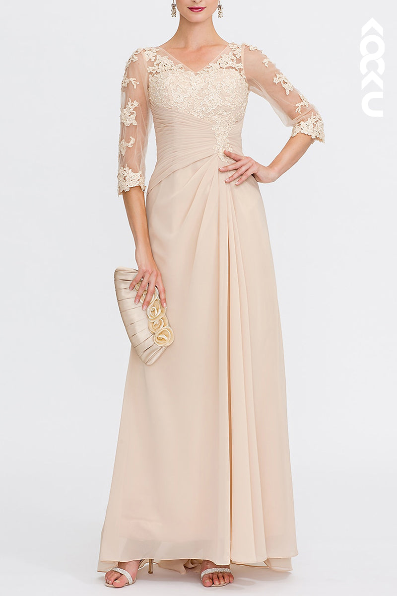 M6211 - Couture & Ornate A-Line Long Sleeves Lace Applique V-Neck Mother of the Bride Dress