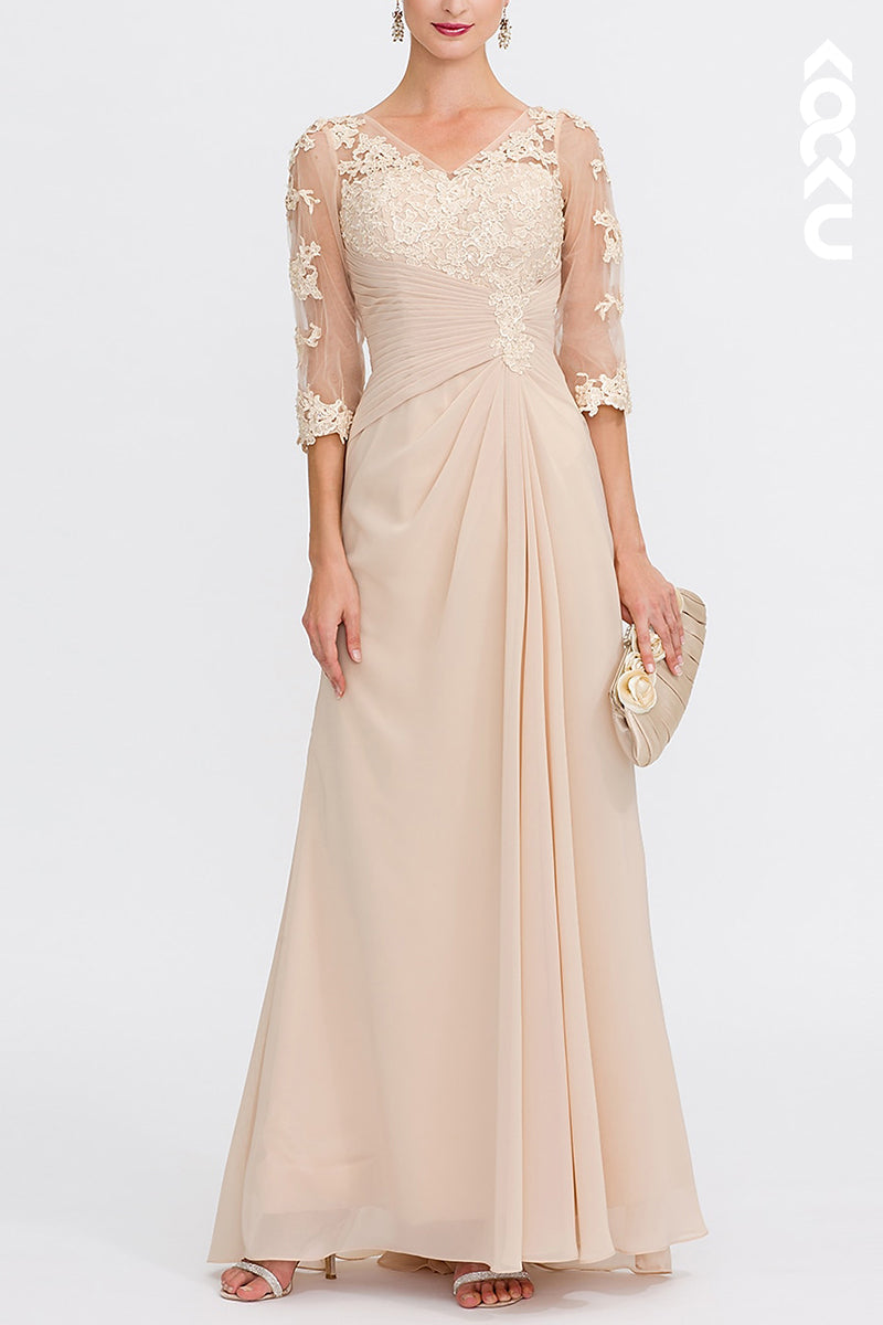 M6211 - Couture & Ornate A-Line Long Sleeves Lace Applique V-Neck Mother of the Bride Dress