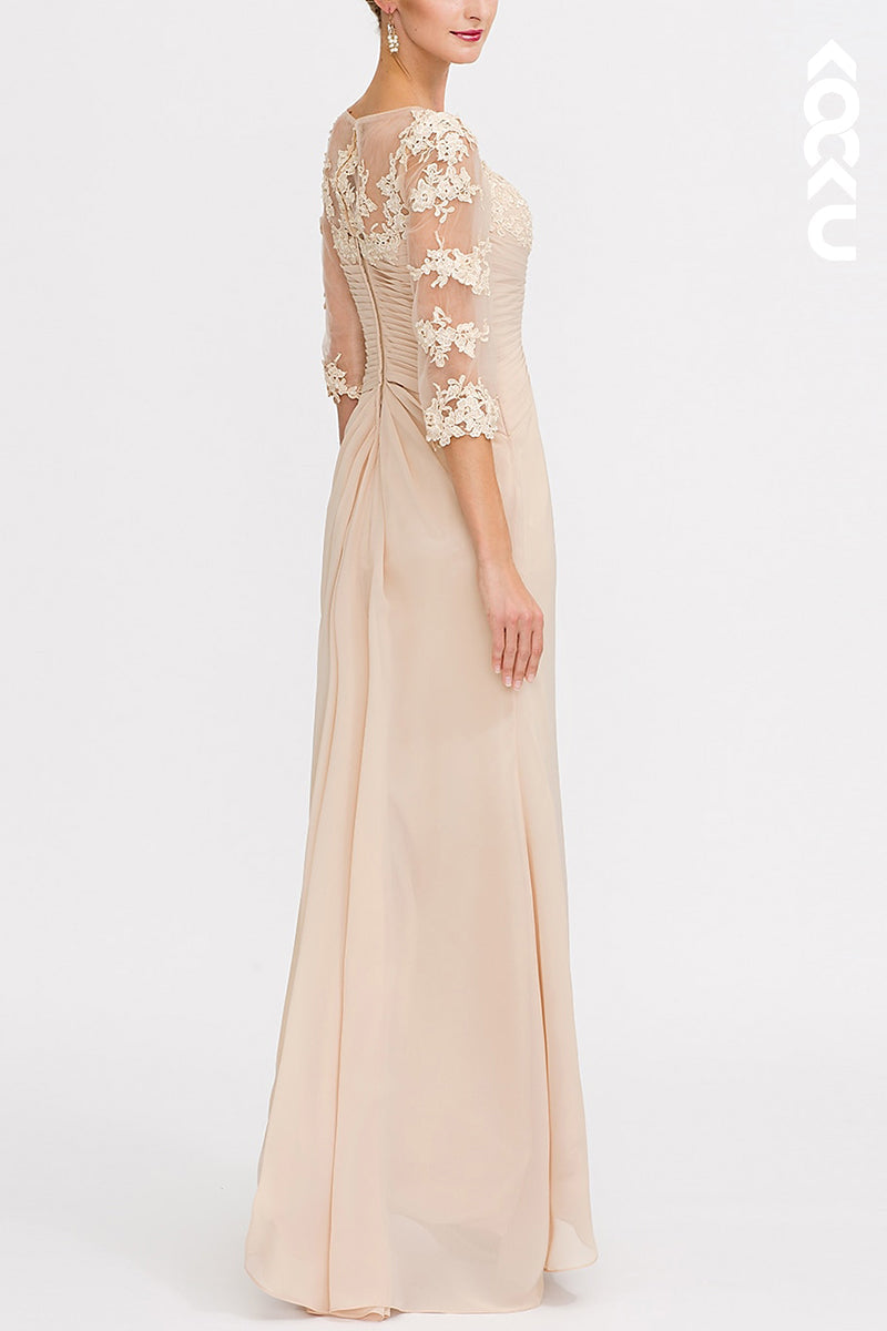 M6211 - Couture & Ornate A-Line Long Sleeves Lace Applique V-Neck Mother of the Bride Dress