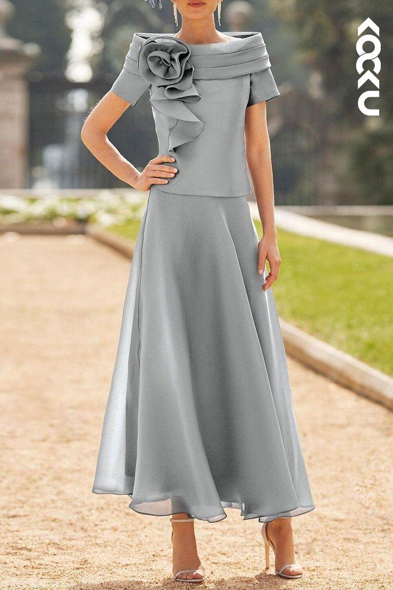 M6231 - Gorgeous & Charming Off-Shoulder Short Sleeves A-Line Chiffon Mother of the Bride Dress