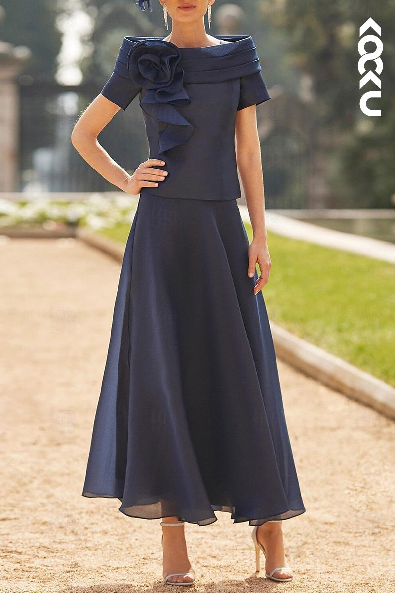 M6231 - Gorgeous & Charming Off-Shoulder Short Sleeves A-Line Chiffon Mother of the Bride Dress