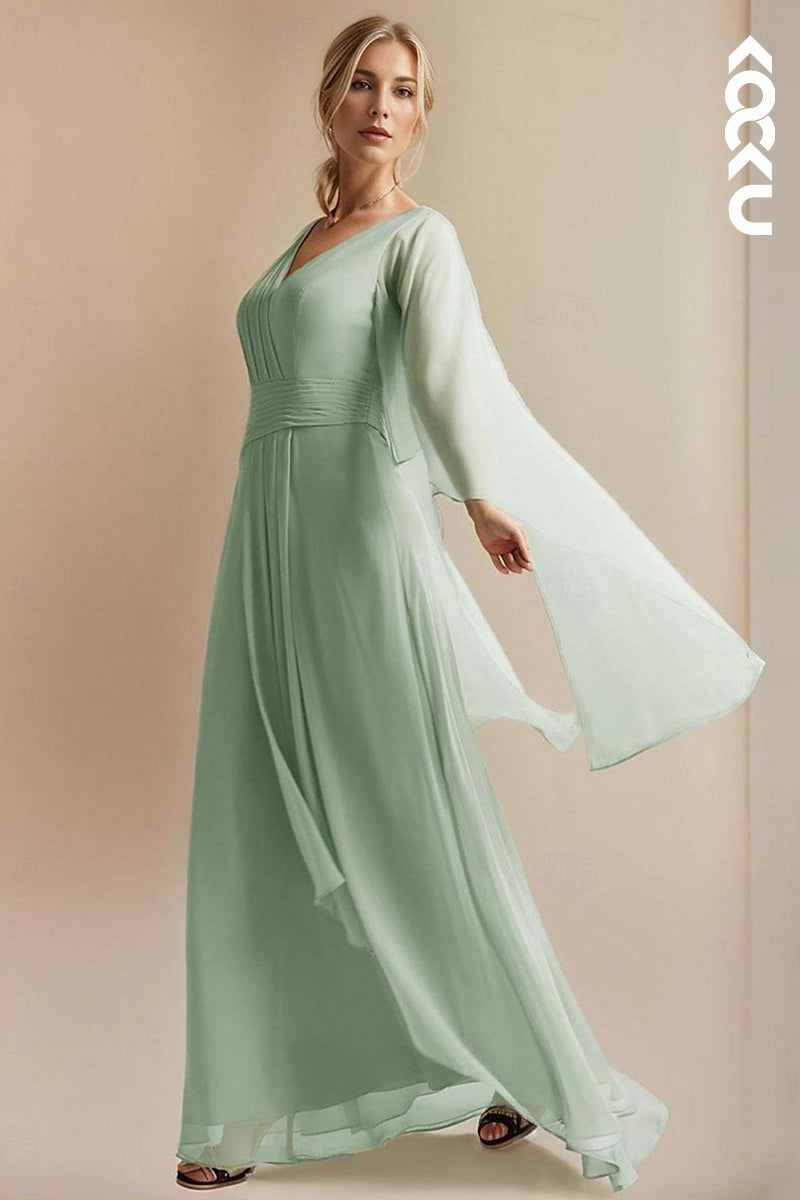 M6230 - Couture V-Neck Long Sleeves A-Line Two-Piece Chiffon Mother of the Bride Dress