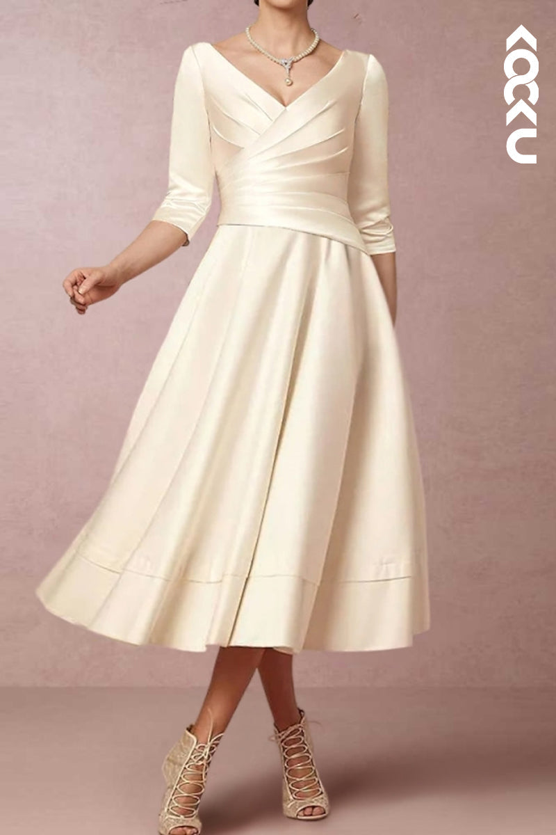 M6247 - Simple & Elegant Long Sleeves V-Neck A-Line Chiffon Mother of the Bride Dress