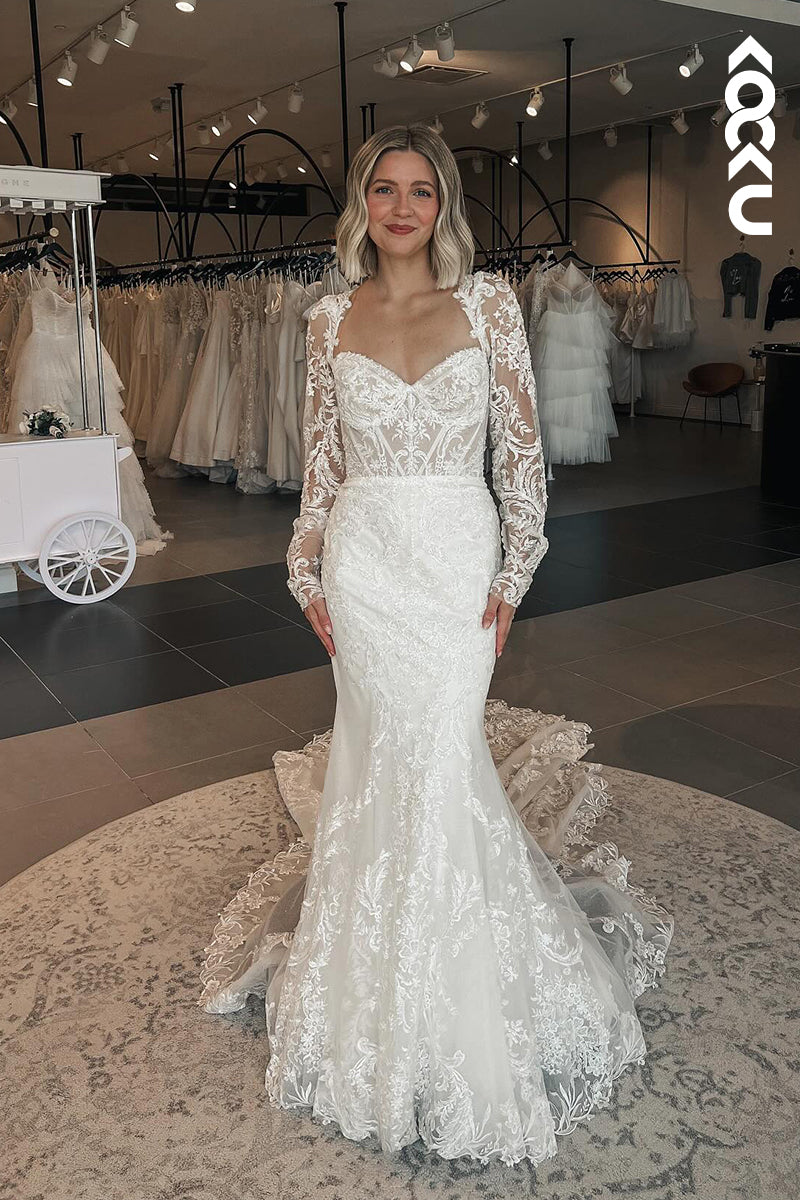 K1851 - Sexy & Hot Mermaid V-Neck Floral Appliqued Wedding Dress with Long Sleeves and Sweep Train