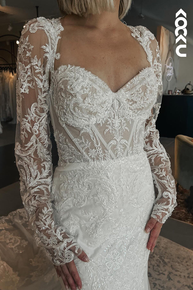 K1851 - Sexy & Hot Mermaid V-Neck Floral Appliqued Wedding Dress with Long Sleeves and Sweep Train