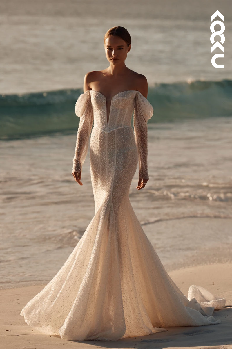 K1858 -  Sexy & Hot Sheath Off-Shoulder Fully Beaded Boho Wedding Dress with Long Sleeves and Sweep Train