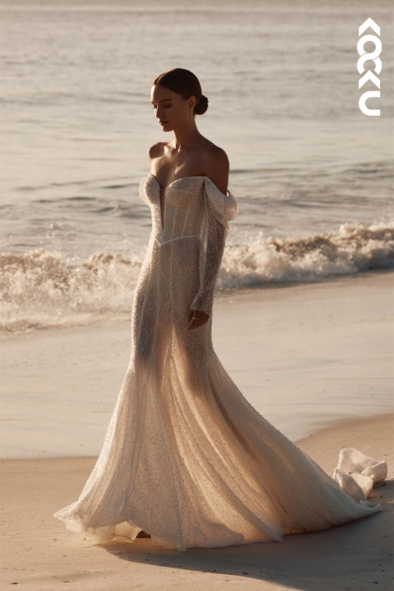 K1858 -  Sexy & Hot Sheath Off-Shoulder Fully Beaded Boho Wedding Dress with Long Sleeves and Sweep Train