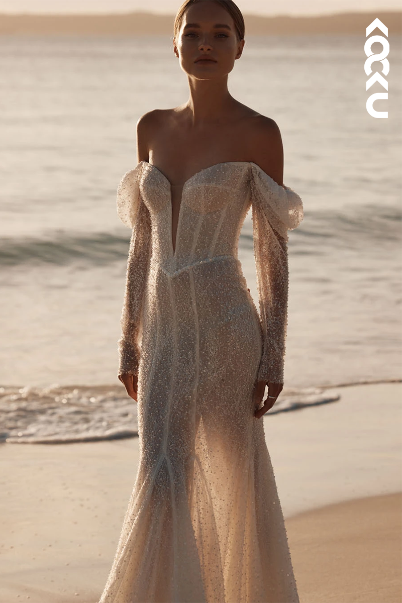 K1858 -  Sexy & Hot Sheath Off-Shoulder Fully Beaded Boho Wedding Dress with Long Sleeves and Sweep Train