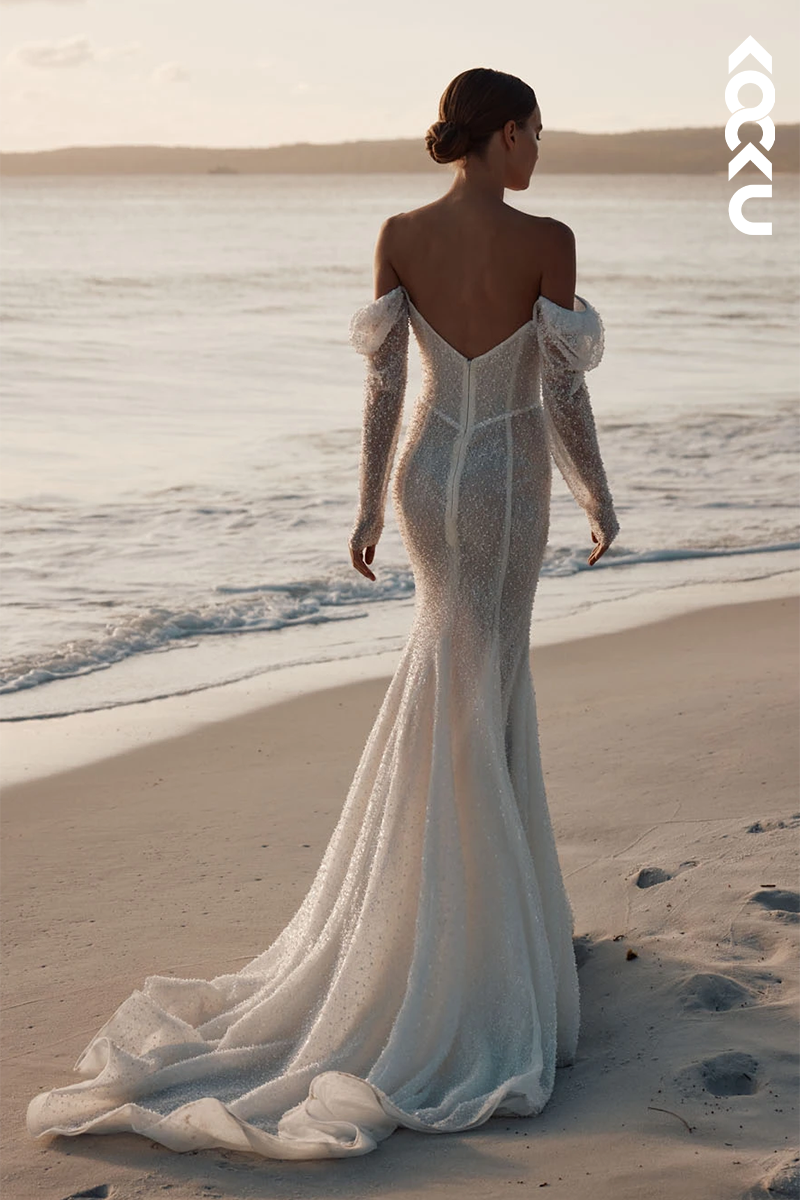 K1858 -  Sexy & Hot Sheath Off-Shoulder Fully Beaded Boho Wedding Dress with Long Sleeves and Sweep Train