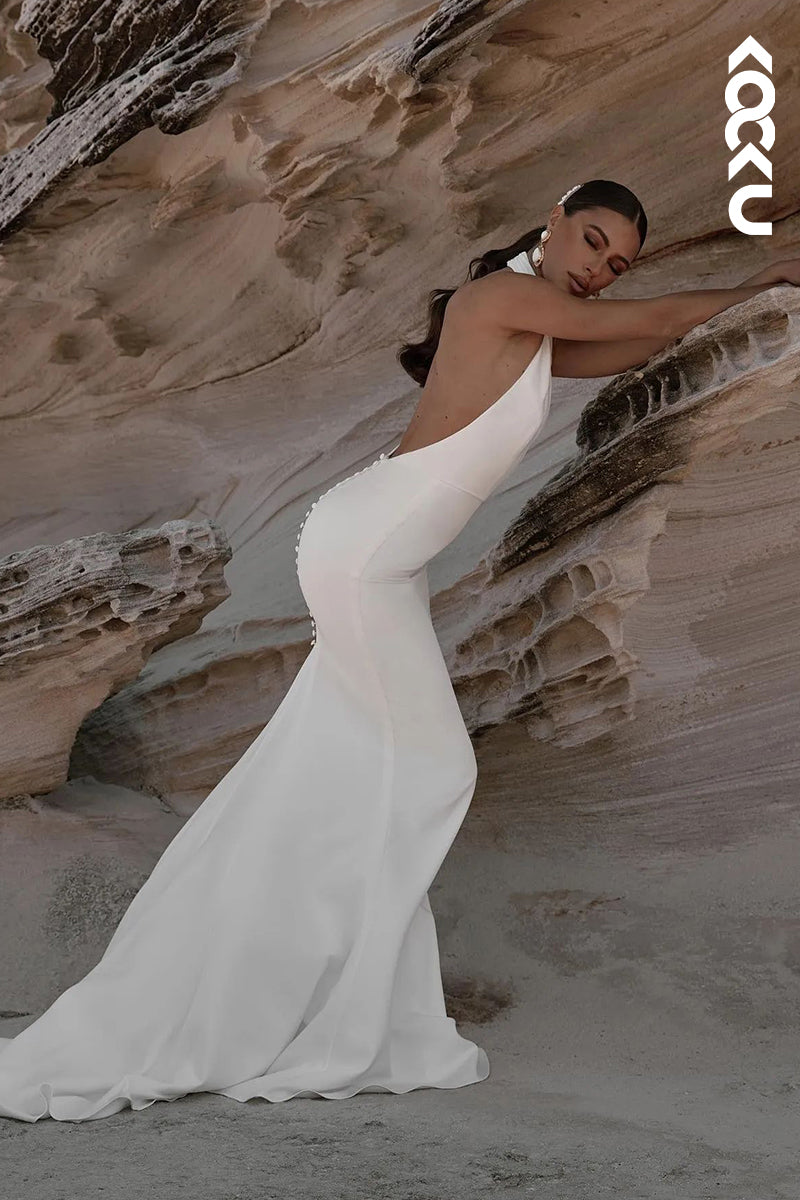 K1914 - Couture & Simple High Neck Sleeveless Backless Sheath Wedding Dress