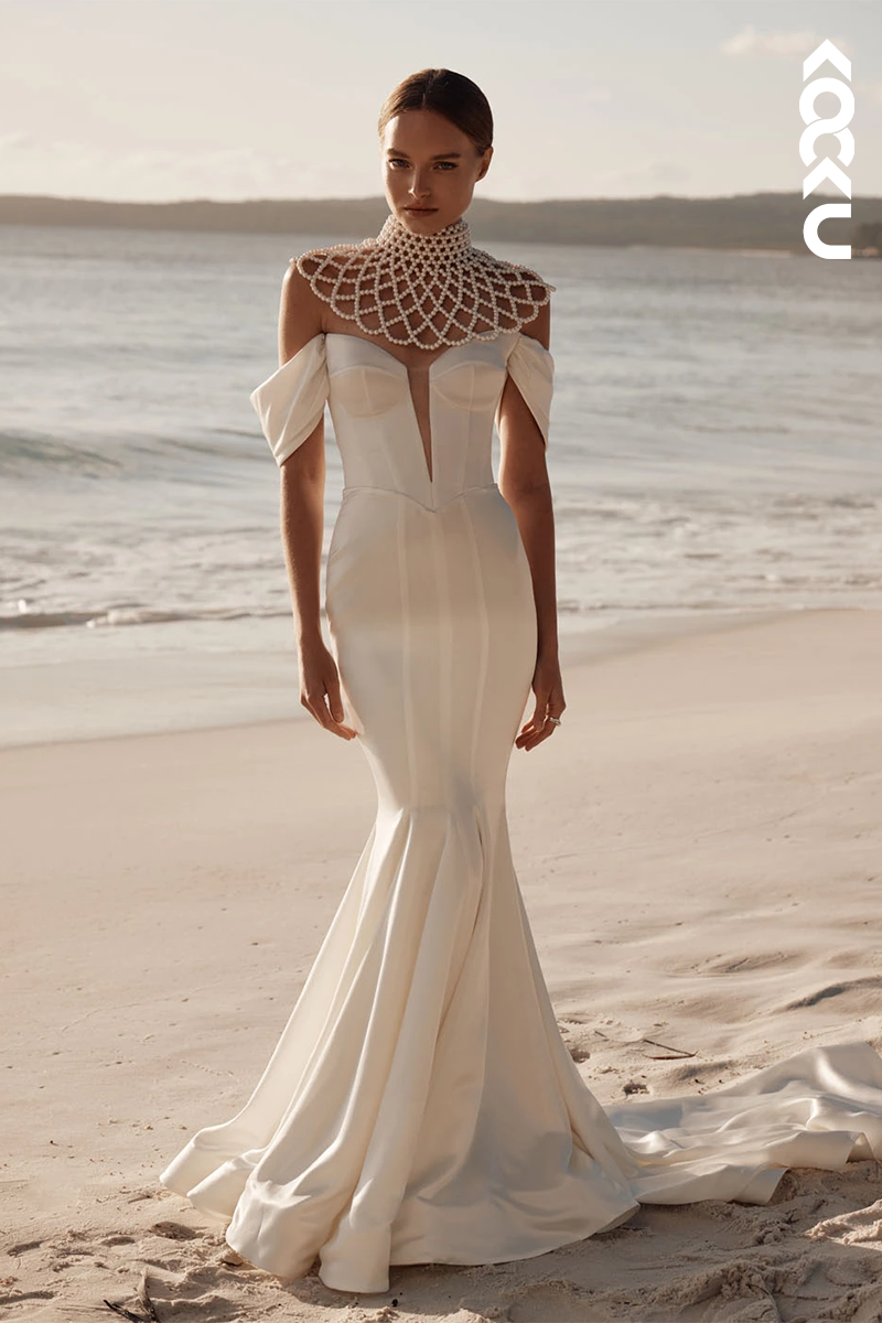 K1857 - Sexy & Hot Trumpet Off Shoulder Detachable Halter with Pearls Boho Wedding Dress with Sweep Train