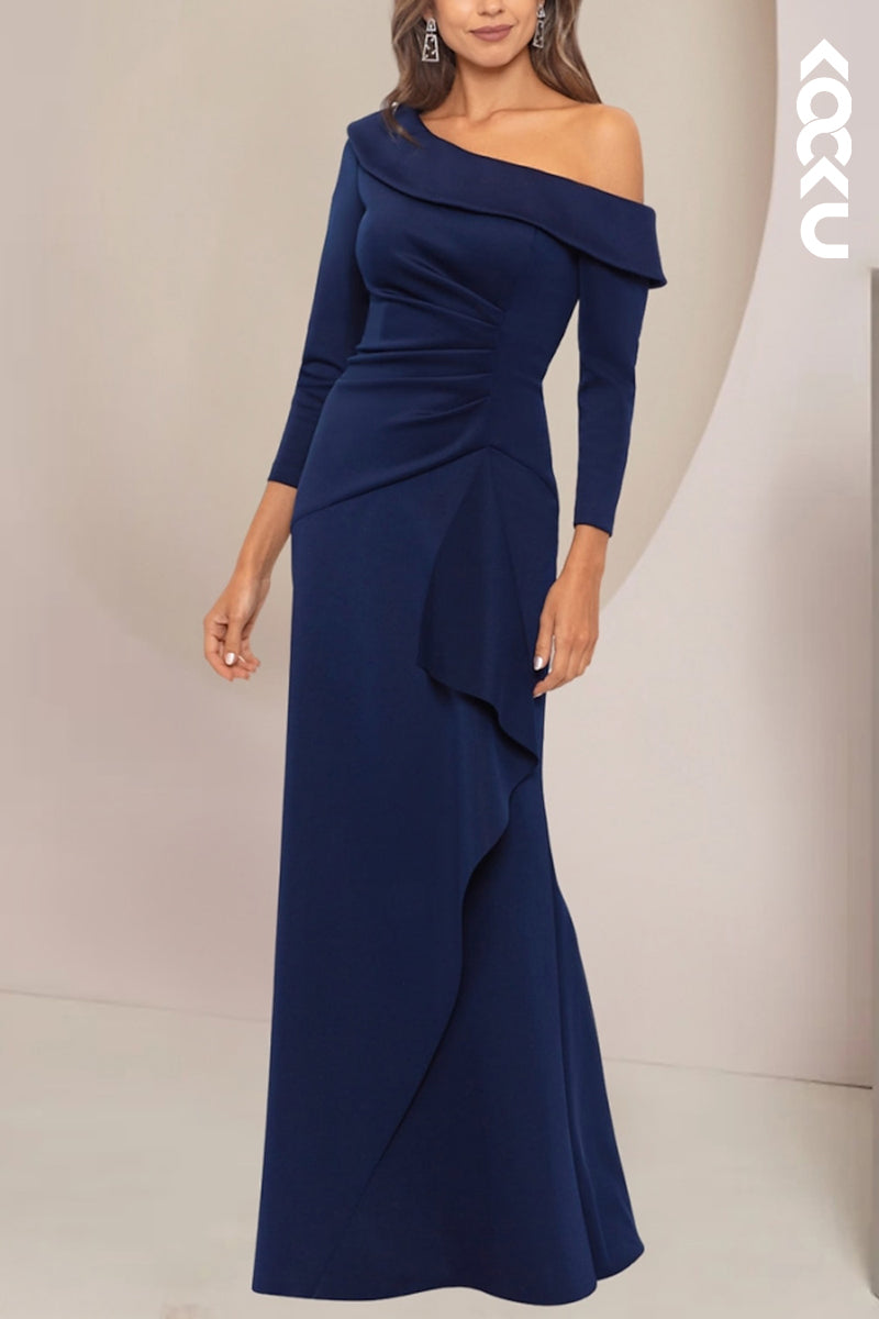 M6226 - Elegant Charming One Shoulder Long Sleeves Satin Mother of the Bride Dress