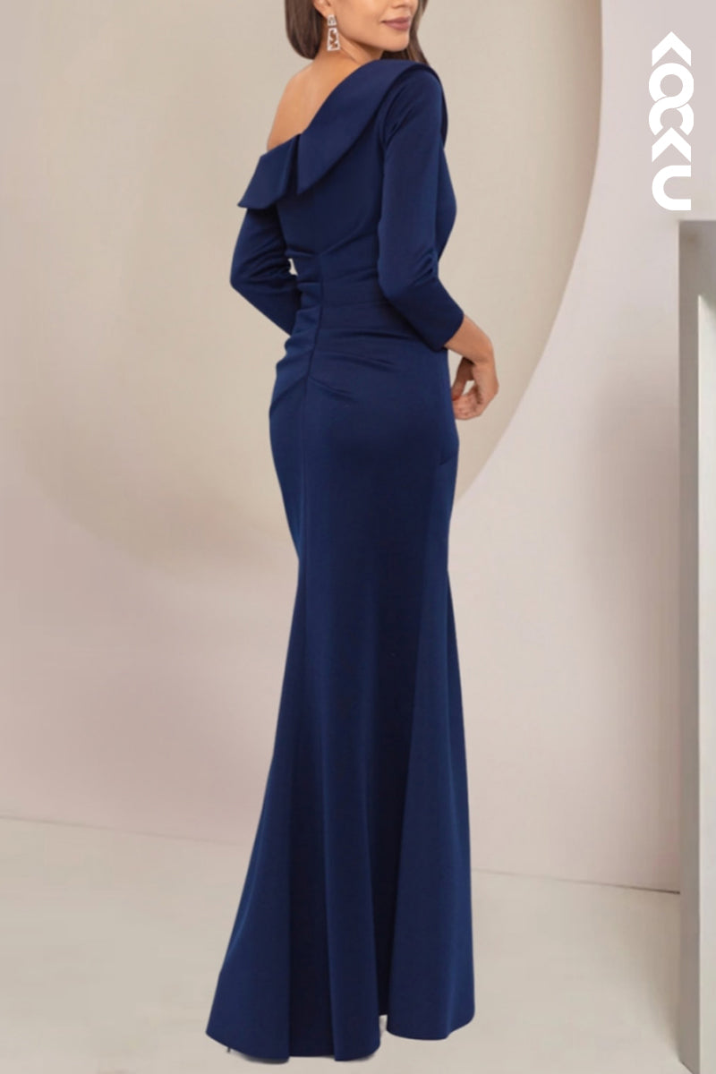 M6226 - Elegant Charming One Shoulder Long Sleeves Satin Mother of the Bride Dress