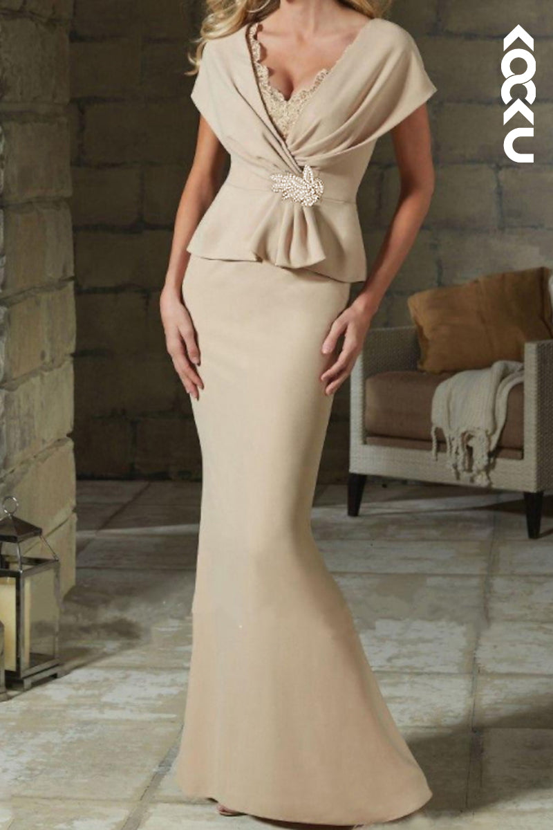 M6258 - Gorgeous & Charming V-Neck Short Sleeves Two-Piece Mother of the Bride Dress