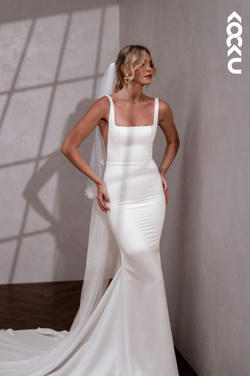 K1854 - Simple & Casual Mermaid Square Straps Long Wedding Dress with Sweep Train and Overlay