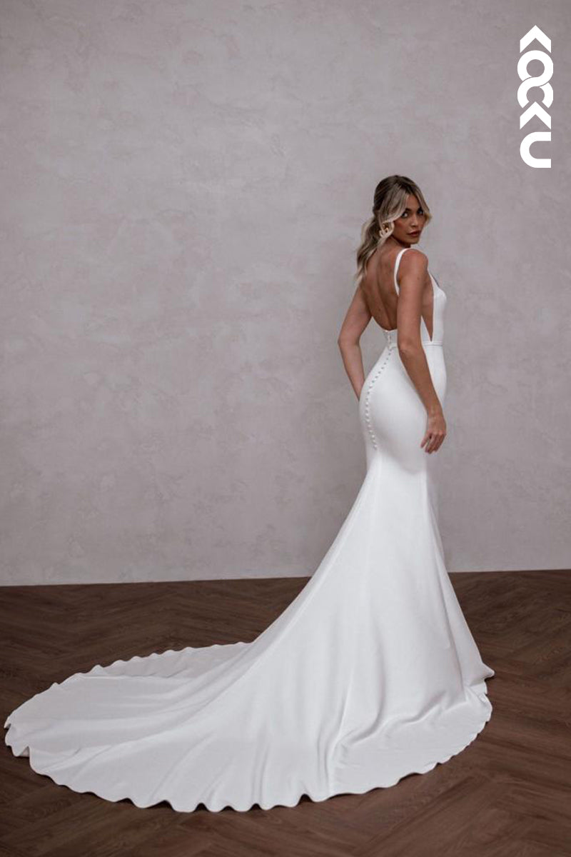 K1854 - Simple & Casual Mermaid Square Straps Long Wedding Dress with Sweep Train and Overlay