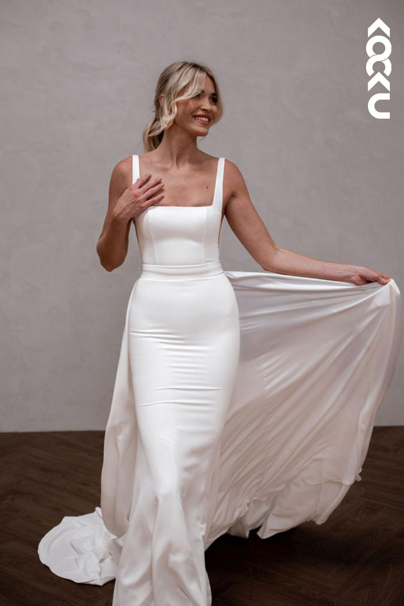 K1854 - Simple & Casual Mermaid Square Straps Long Wedding Dress with Sweep Train and Overlay