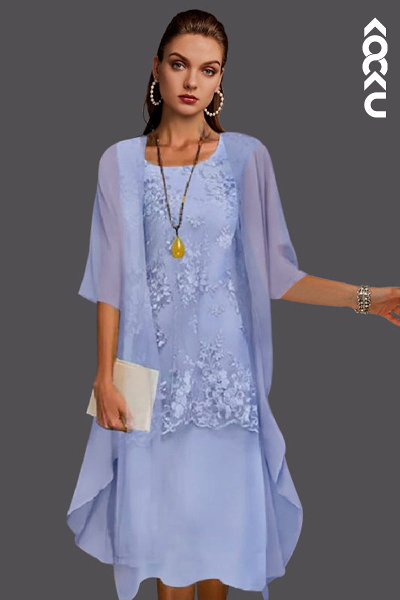 M6266 - Classic & Timeless Short Sleeves ElegantAppliques Half Sleeves Chiffon Mother of the Bride Dress