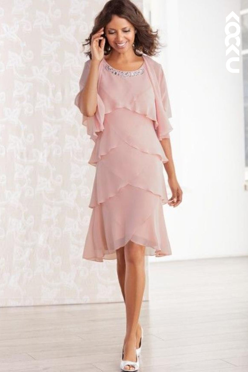 M6248 - Chic & Modern Scoop 3/4 Sleeves A-Line Chiffon Mother of the Bride Dress