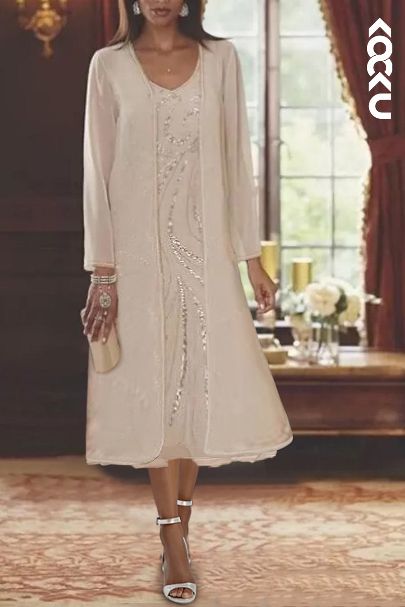 M6251 - Elegant & Luxurious Long Sleeves Two-Piece Scoop A-Line Chiffon Mother of the Bride Dress