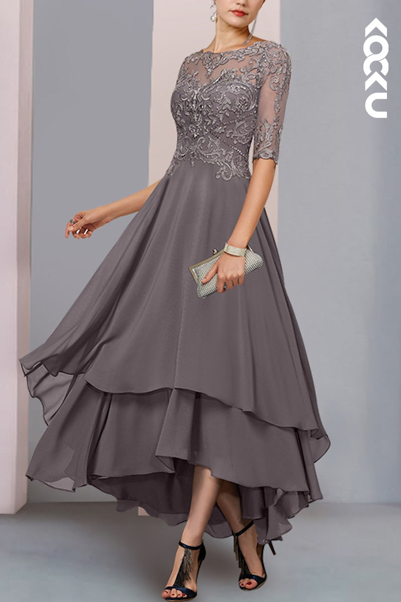 M6198 - Elegant & Luxurious Half Sleeves A-Line Chiffon Mother of the Bride Dress