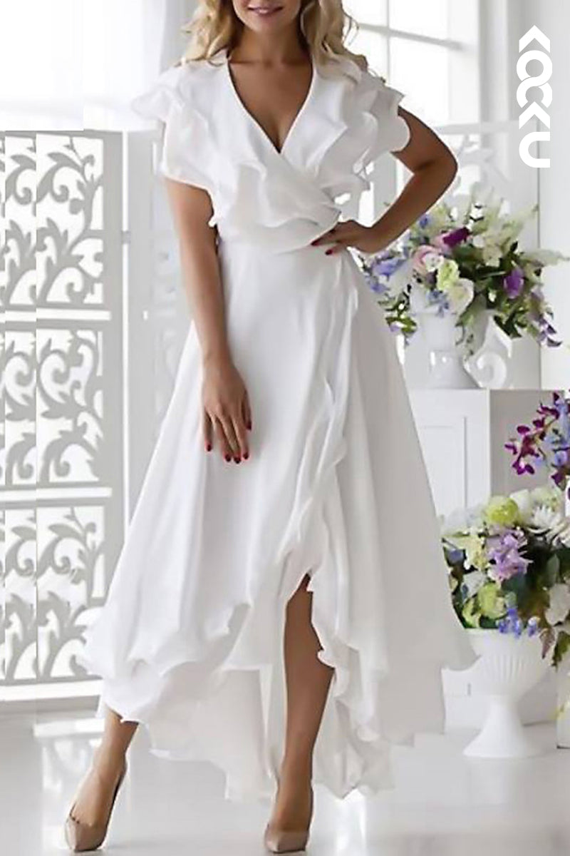 M6196 - Charming Elegant A-Line V-Neck Short Sleeves Side Slit Mother of the Bride Dress