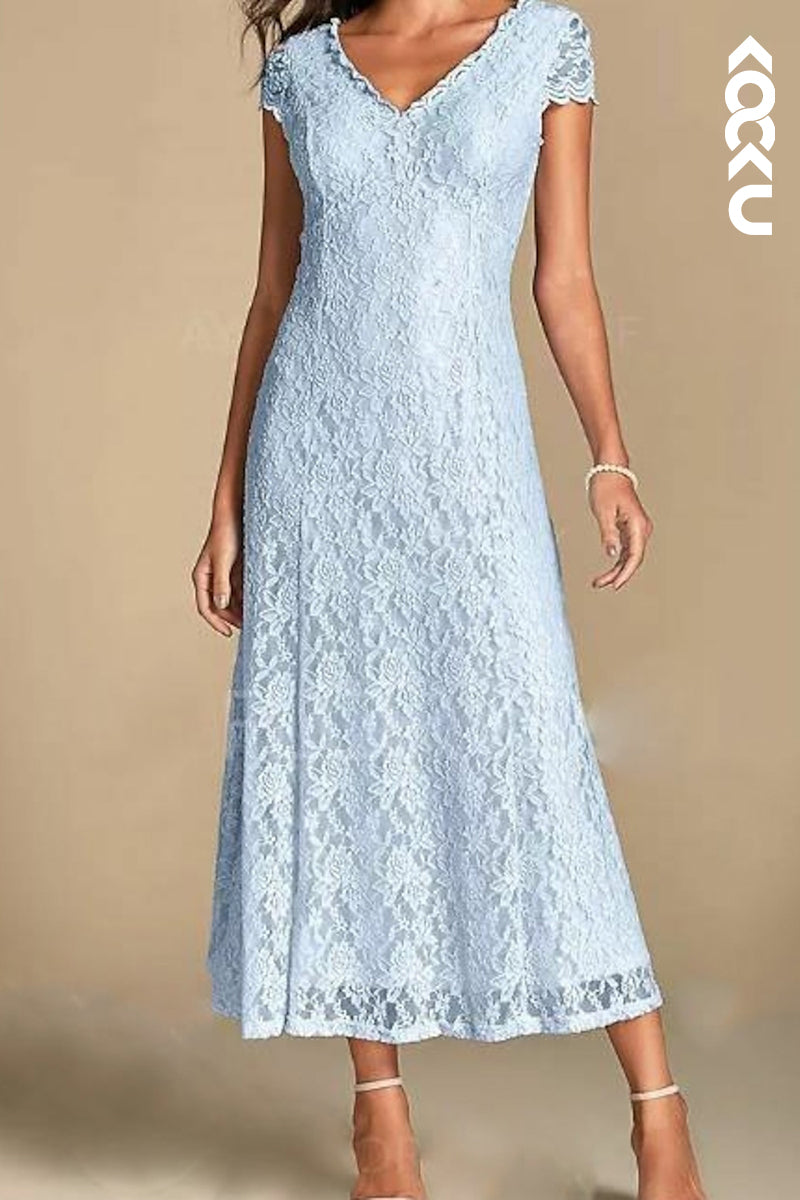 M6195 - Elegant Ornate V-Neck Short Sleeves Applique Mother of the Bride Dress