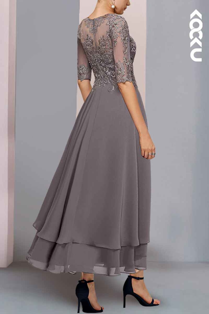 M6198 - Elegant & Luxurious Half Sleeves A-Line Chiffon Mother of the Bride Dress