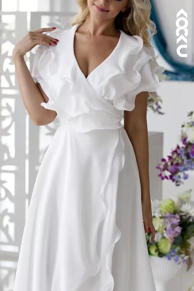 M6196 - Charming Elegant A-Line V-Neck Short Sleeves Side Slit Mother of the Bride Dress