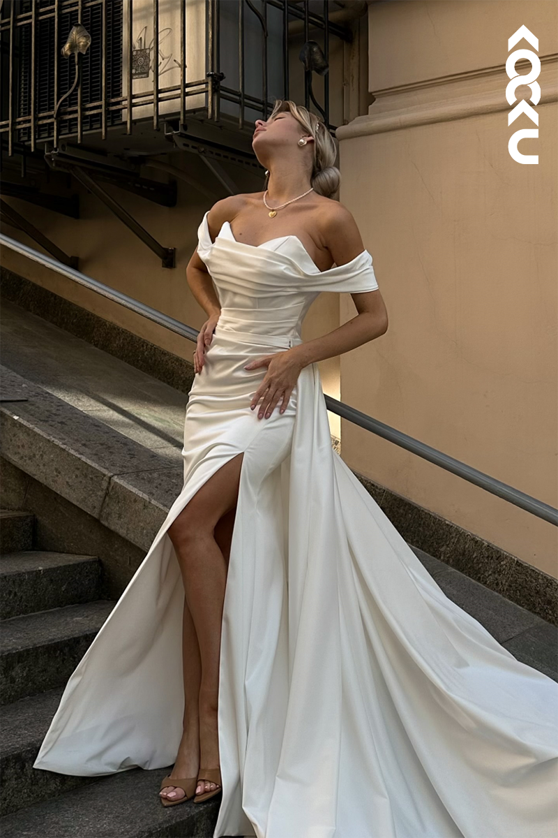 K1909 - Elegant Sheath Sweetheart Cap Sleeves Side Slit Ruched Wedding Dress