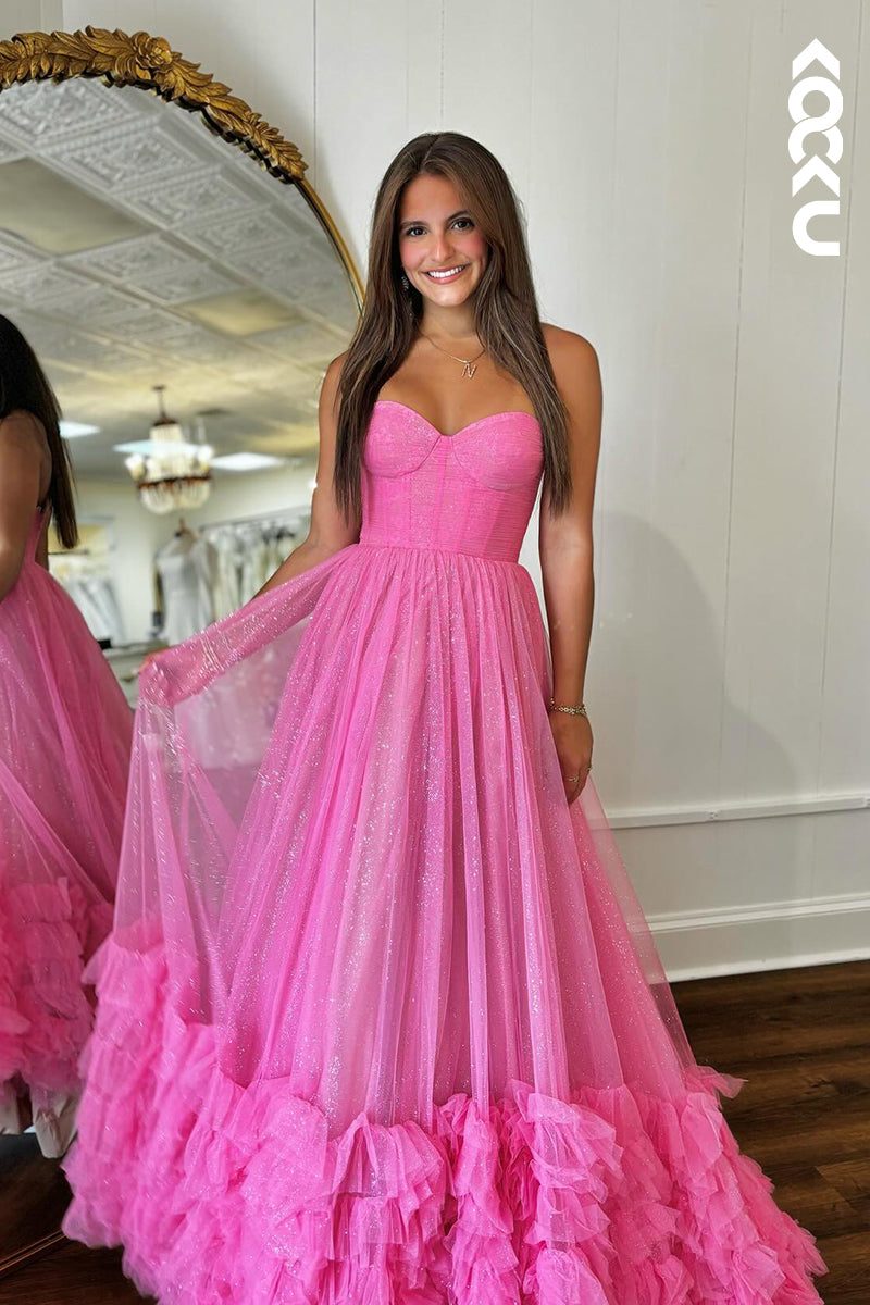 L2973 - Elegant & Luxurious A-Line Ruffles V-neck Sleeveless Tulle Party Prom Dress