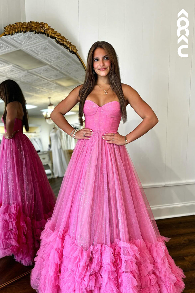 L2973 - Elegant & Luxurious A-Line Ruffles V-neck Sleeveless Tulle Party Prom Dress