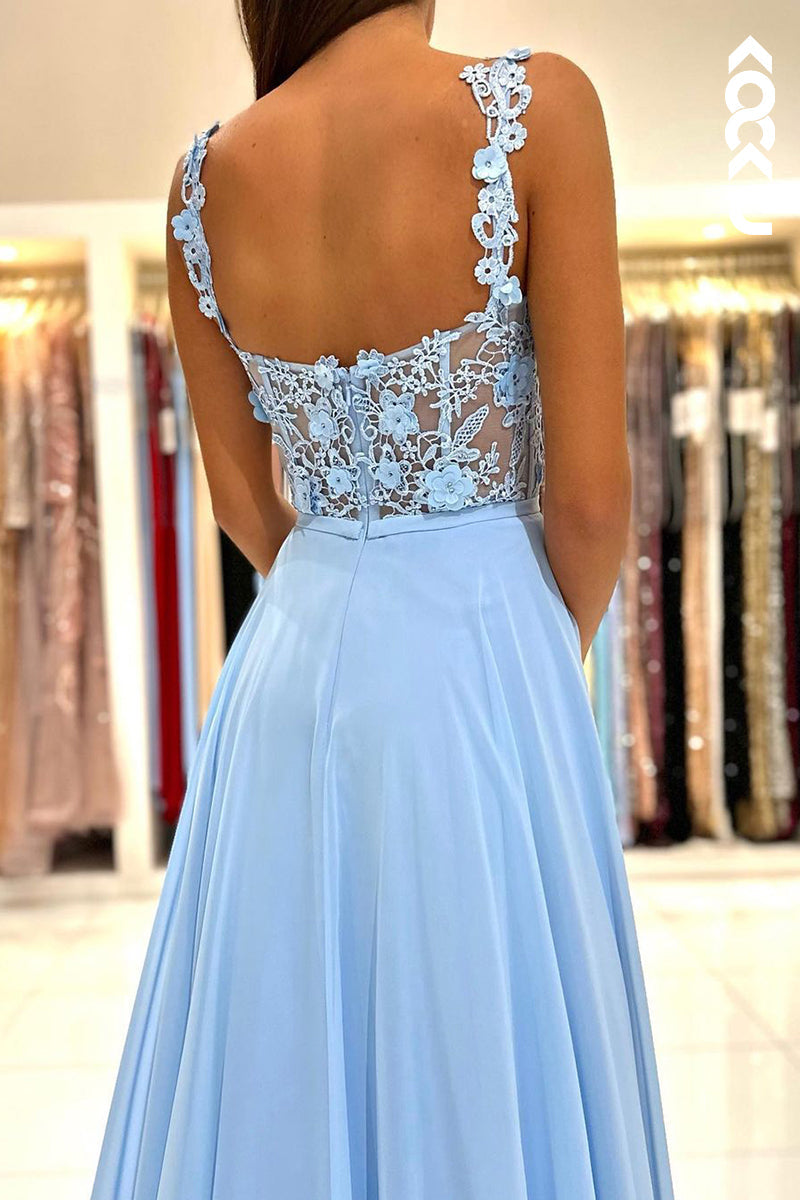 L2461 - Gorgeous & Charming Illusion Straps A-line Slit Formal Party Prom Dress With Applliques