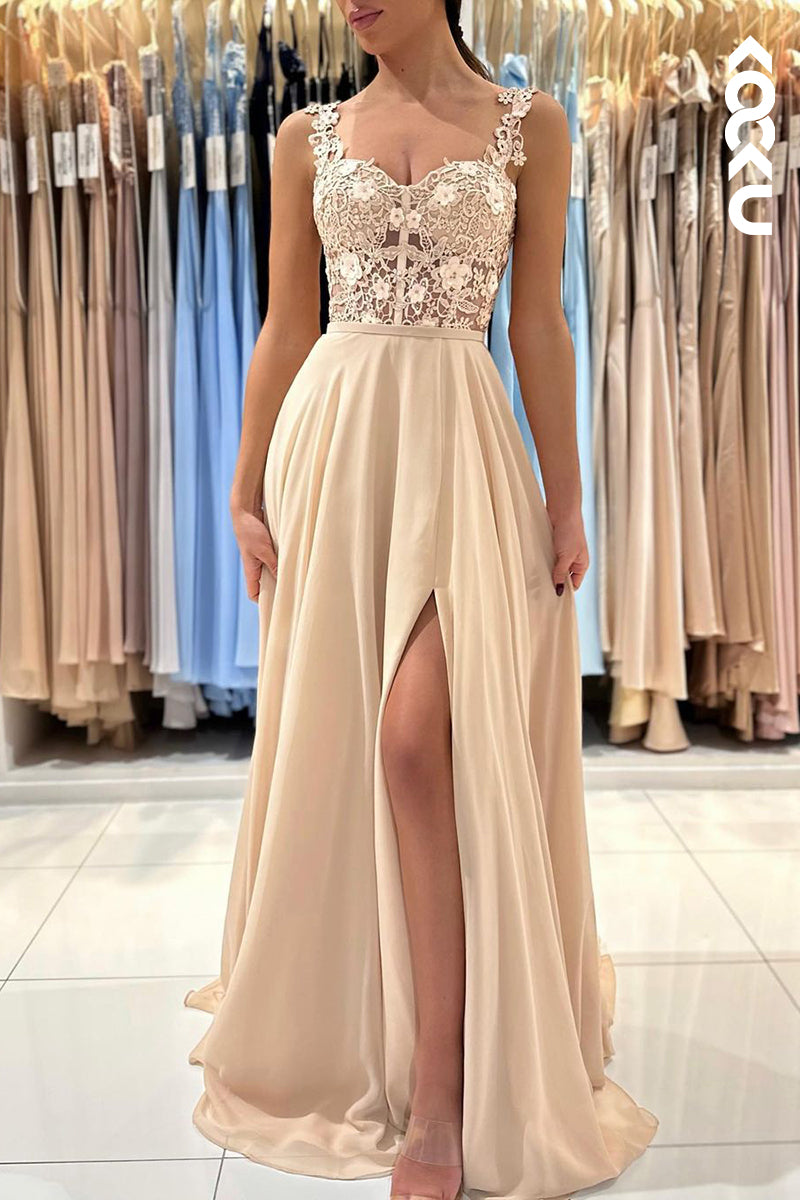 L2461 - Gorgeous & Charming Illusion Straps A-line Slit Formal Party Prom Dress With Applliques