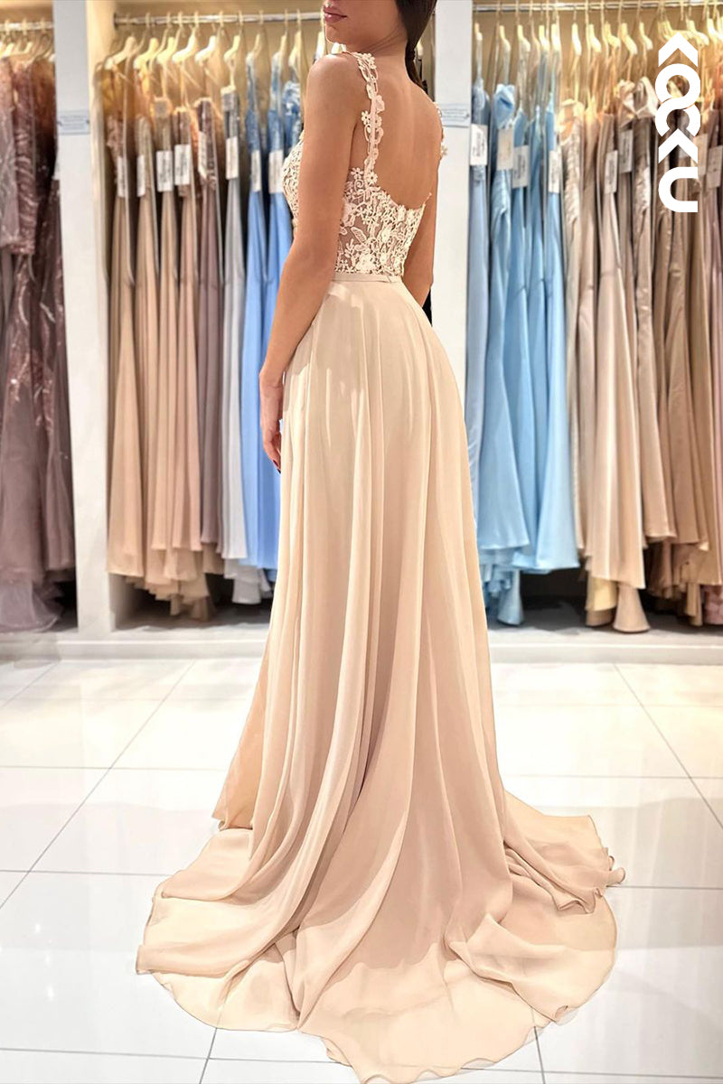 L2461 - Gorgeous & Charming Illusion Straps A-line Slit Formal Party Prom Dress With Applliques