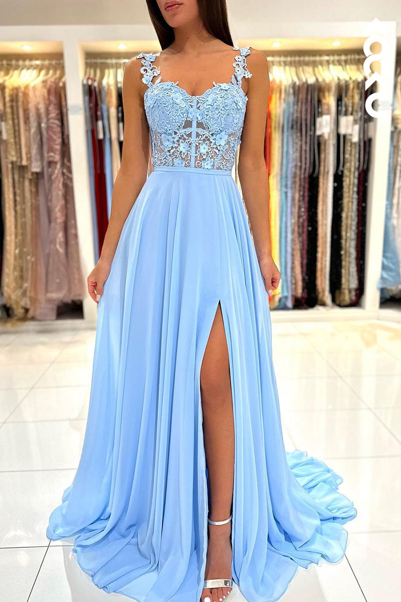 L2461 - Gorgeous & Charming Illusion Straps A-line Slit Formal Party Prom Dress With Applliques